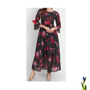 Floral Maxi Dress with Red and Pink Roses